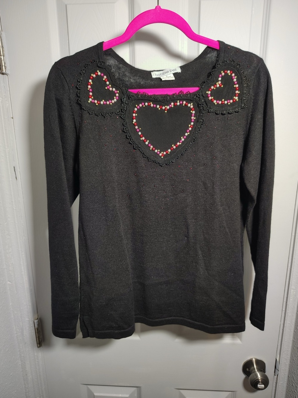 Bobbie Brooks Black Sweater with Pink and Red Beaded Heart Accents